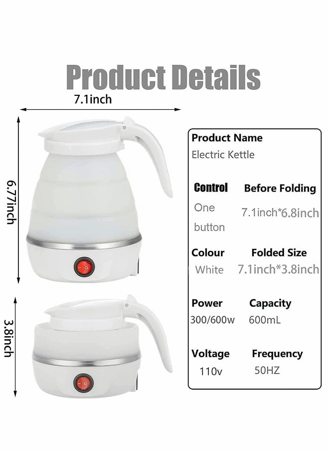 Portable Kettle Foldable Travel Kettle Electric Food Grade Silicone Collapsible Heating Water Boiler Tea Pot for Camping White 600ML