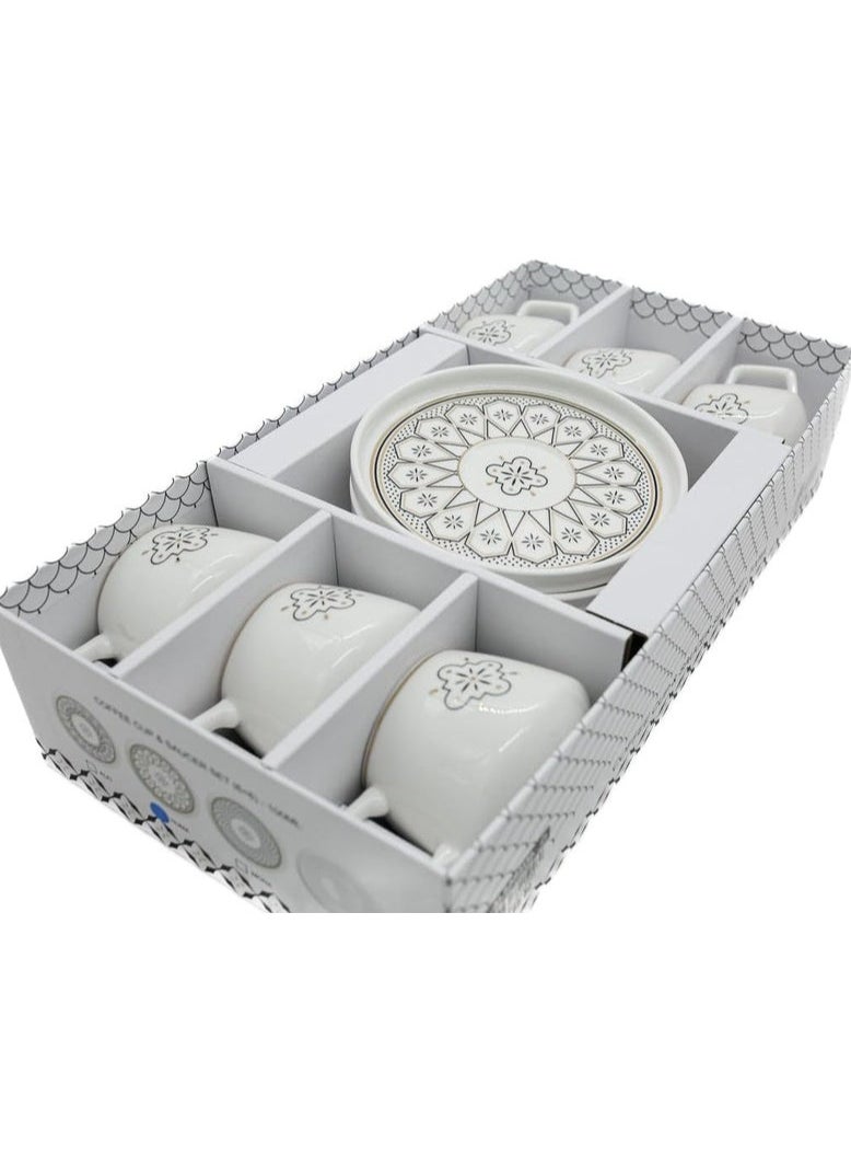 Shallow Ceramic Cup and Saucer 12pcs Set 6xCups (100ML) With 6xSaucers-White&Black