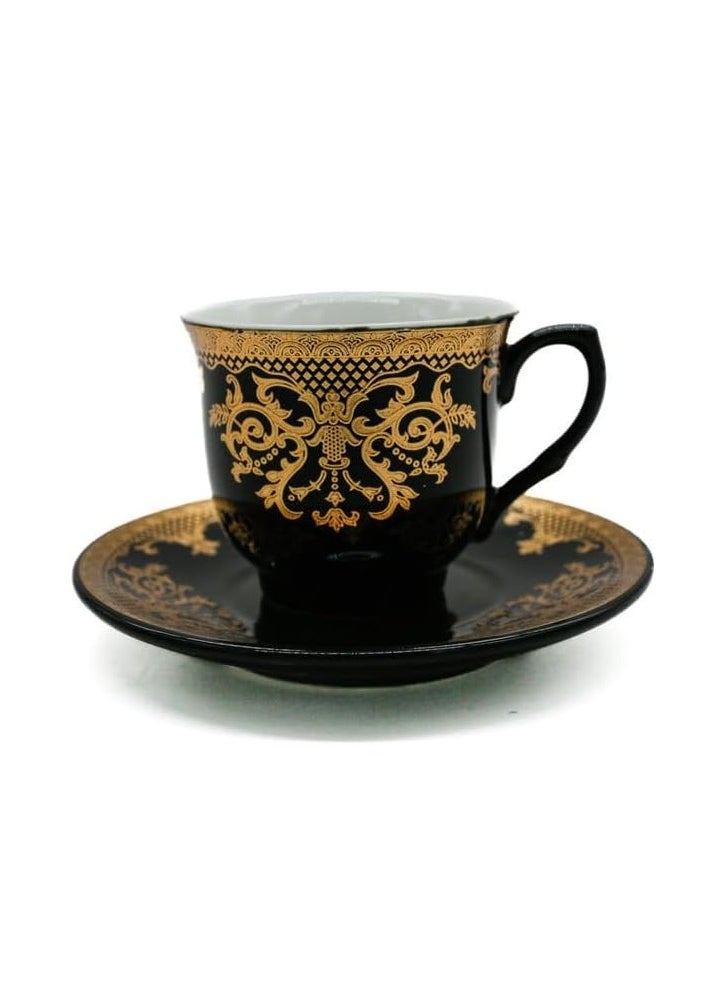 AKDC Ceramic 12Pcs Cup And Saucer Arabian Coffee Cups, Ceramic Tea Cups Set of 6, Teacups With Saucer 6 (80ML)-Black/Golden