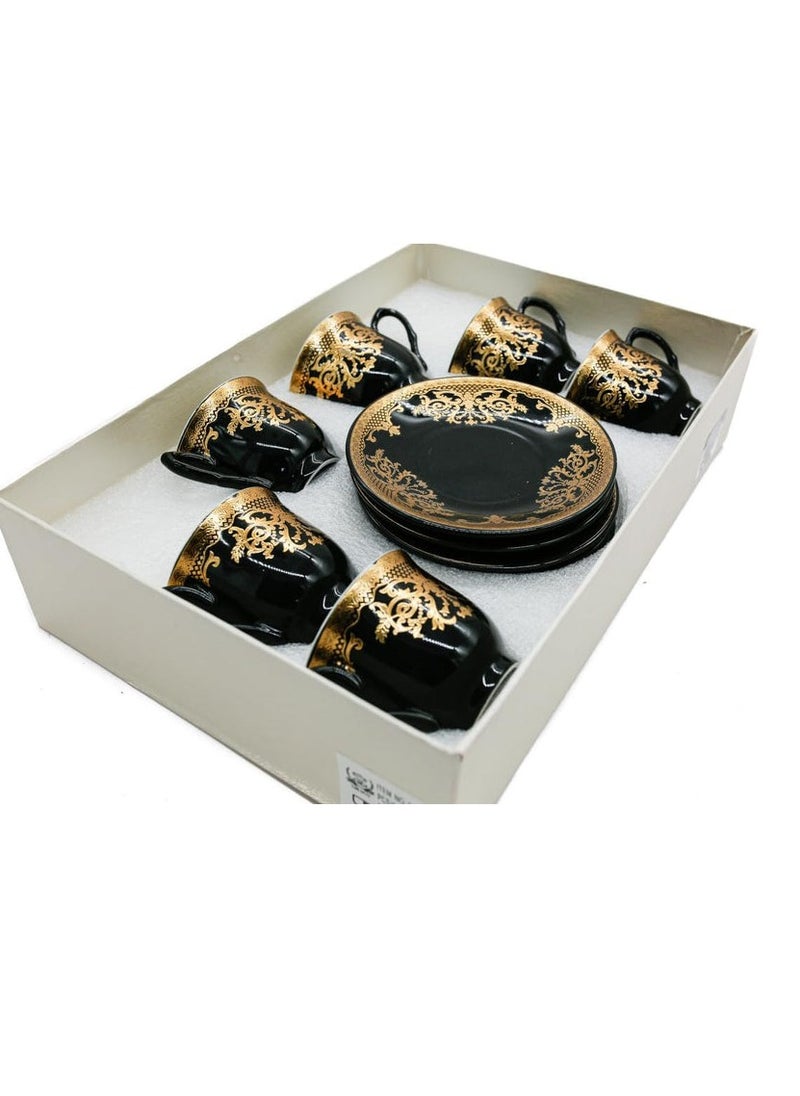 AKDC Ceramic 12Pcs Cup And Saucer Arabian Coffee Cups, Ceramic Tea Cups Set of 6, Teacups With Saucer 6 (80ML)-Black/Golden