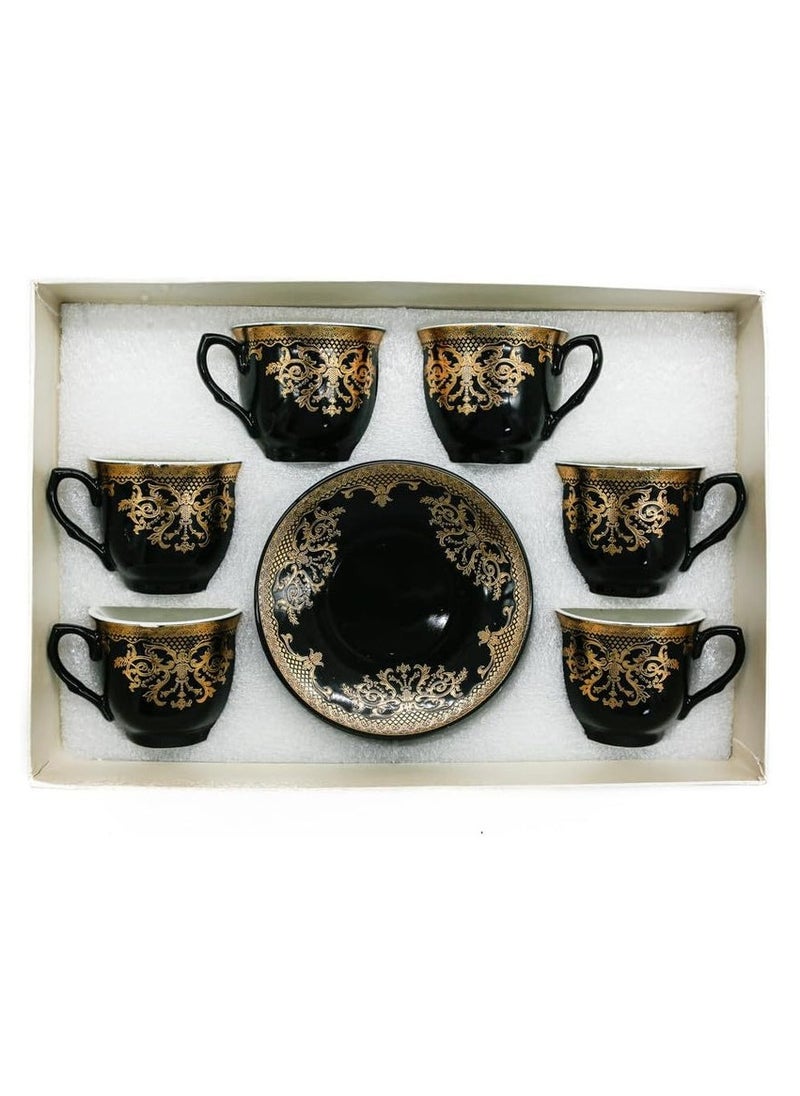 AKDC Ceramic 12Pcs Cup And Saucer Arabian Coffee Cups, Ceramic Tea Cups Set of 6, Teacups With Saucer 6 (80ML)-Black/Golden