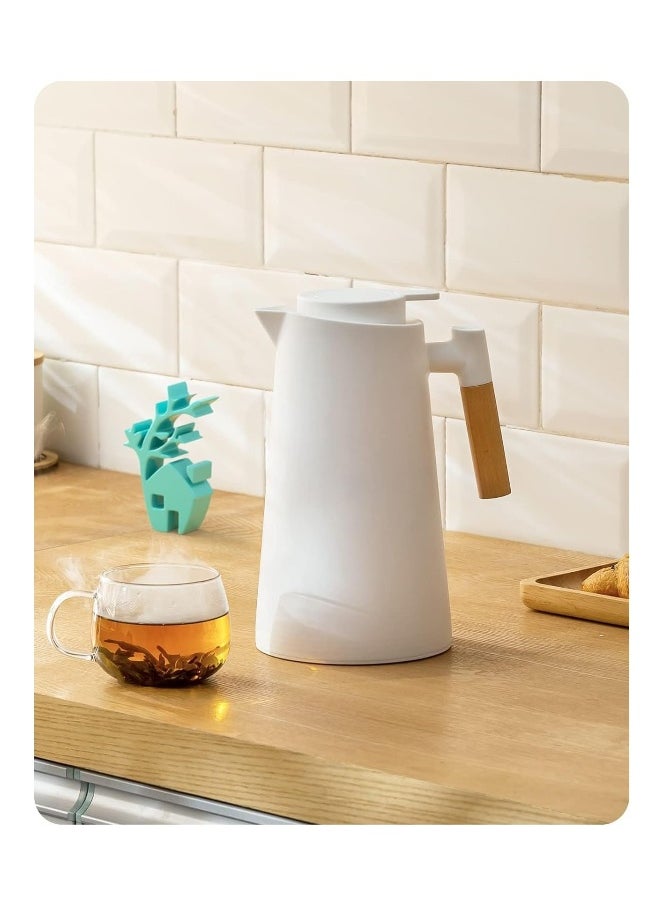 34oz Thermal Vacuum Carafe with Glass Liner and Wood Handle - Insulated Coffee Carafe for Hot and Cold Drinks (1 Liter, White)