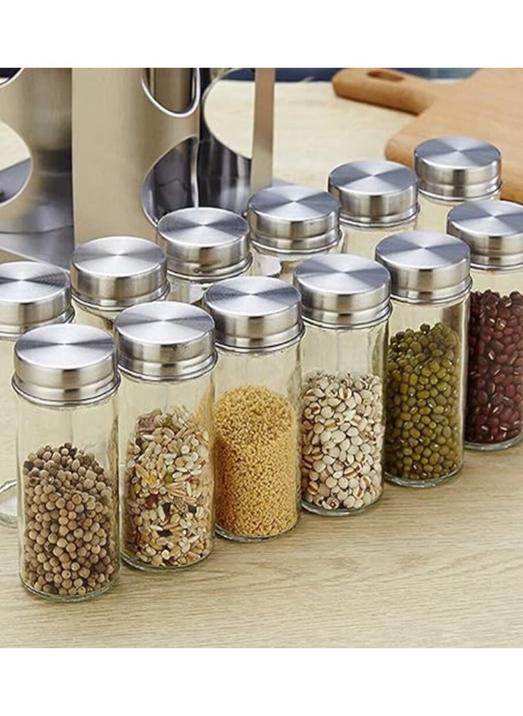 360º Rotating Spice Carousel, Stainless Steel Countertop Seasoning Organizer, 3-Tier Rotary Spice Rack with 12 Round Glass Jars & Lid, Spice Rack Organizer
