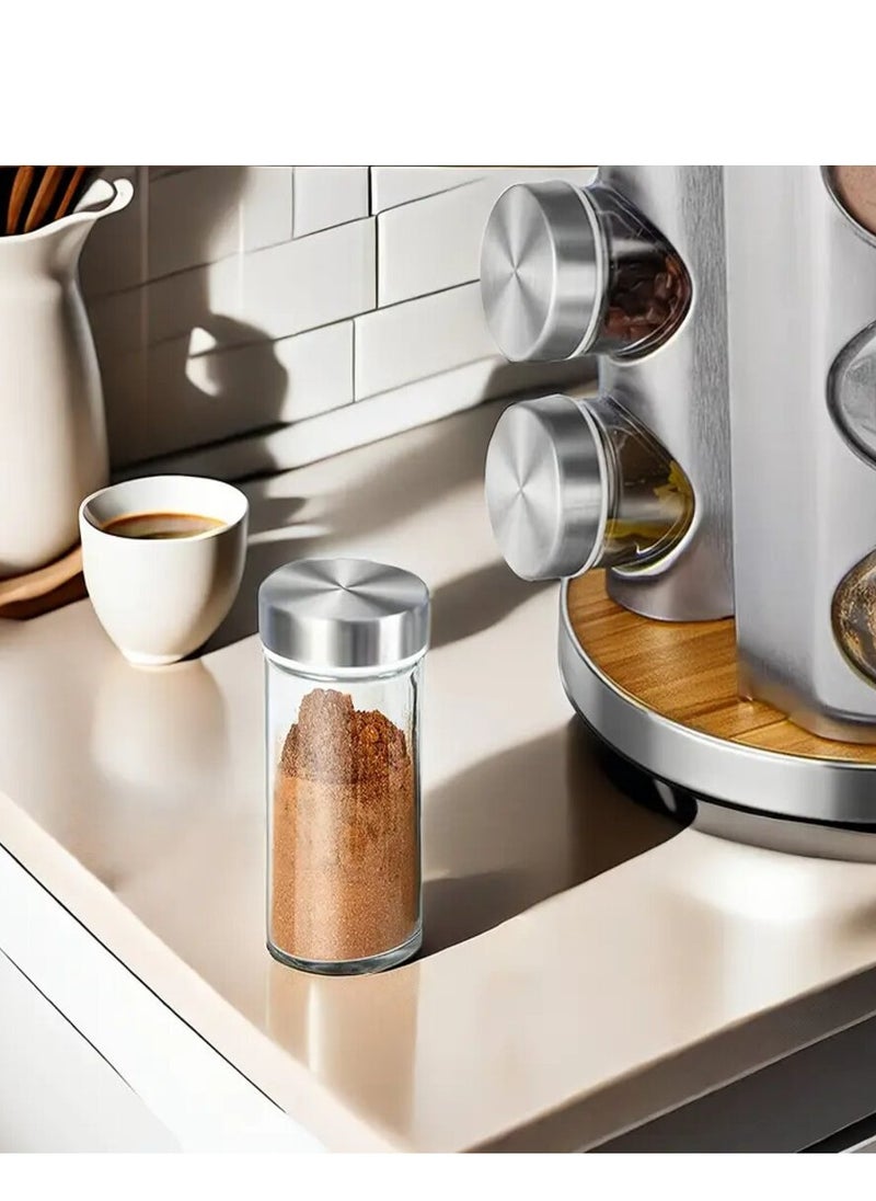 360º Rotating Spice Carousel, Stainless Steel Countertop Seasoning Organizer, 3-Tier Rotary Spice Rack with 12 Round Glass Jars & Lid, Spice Rack Organizer