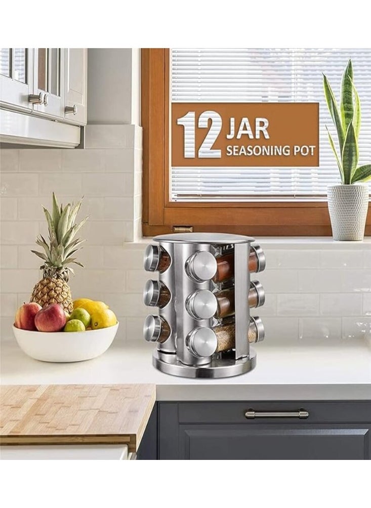 360º Rotating Spice Carousel, Stainless Steel Countertop Seasoning Organizer, 3-Tier Rotary Spice Rack with 12 Round Glass Jars & Lid, Spice Rack Organizer