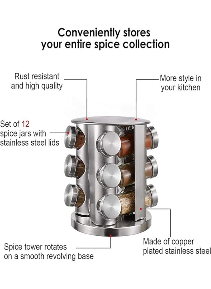 360º Rotating Spice Carousel, Stainless Steel Countertop Seasoning Organizer, 3-Tier Rotary Spice Rack with 12 Round Glass Jars & Lid, Spice Rack Organizer