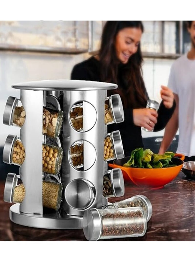 360º Rotating Spice Carousel, Stainless Steel Countertop Seasoning Organizer, 3-Tier Rotary Spice Rack with 12 Round Glass Jars & Lid, Spice Rack Organizer