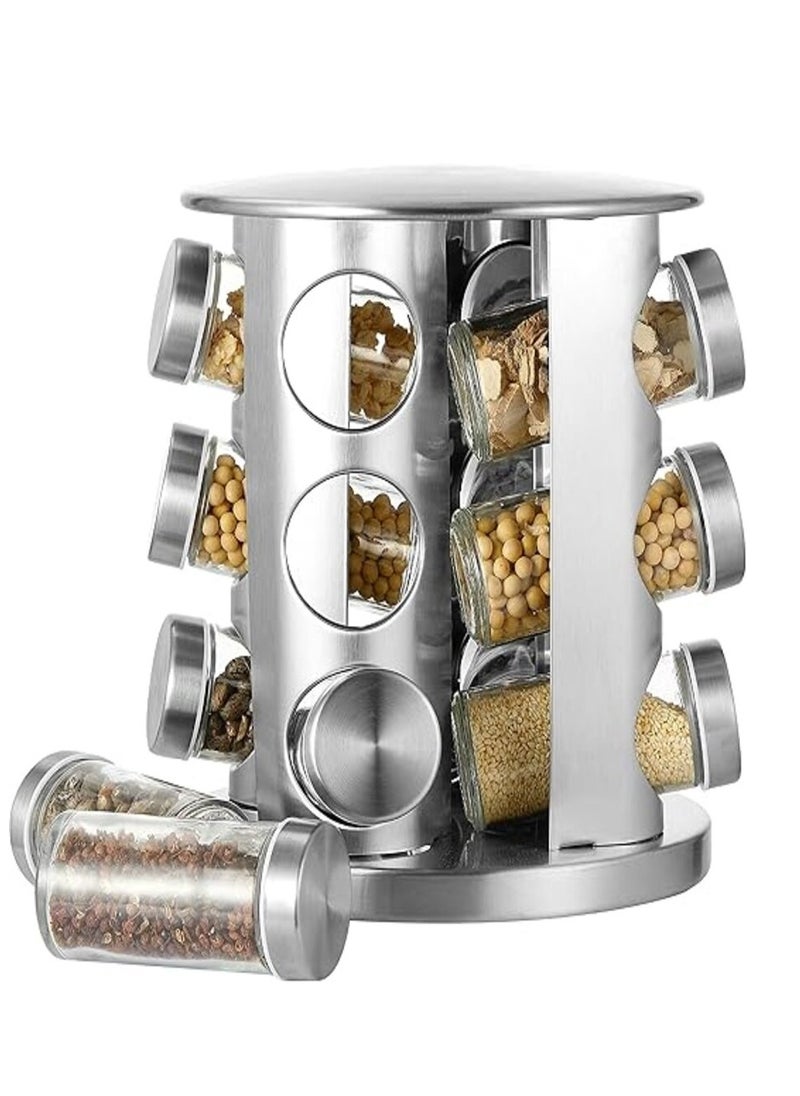 360º Rotating Spice Carousel, Stainless Steel Countertop Seasoning Organizer, 3-Tier Rotary Spice Rack with 12 Round Glass Jars & Lid, Spice Rack Organizer