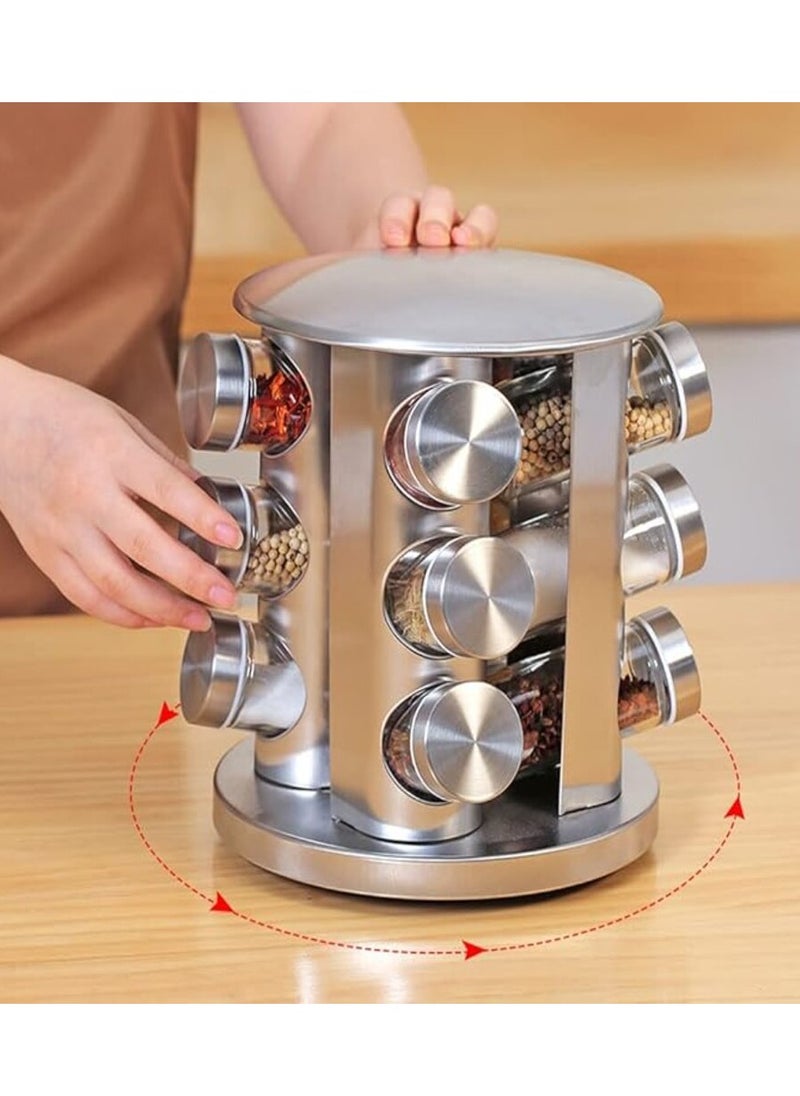 360º Rotating Spice Carousel, Stainless Steel Countertop Seasoning Organizer, 3-Tier Rotary Spice Rack with 12 Round Glass Jars & Lid, Spice Rack Organizer