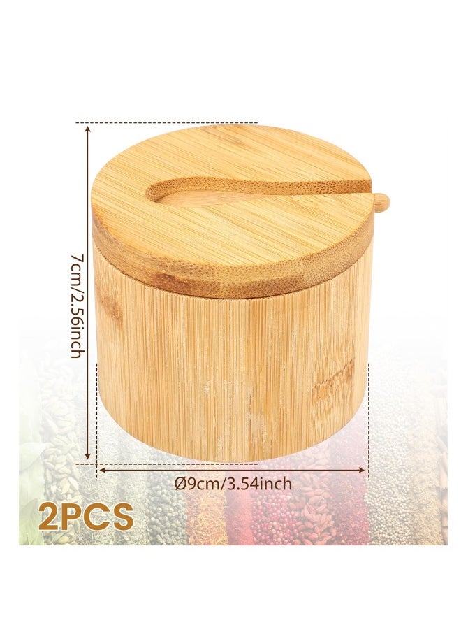Bamboo Salt Bowls, Salt and Pepper Box with Magnetic Swivel Lid and Spoon, Seasoning Container for Salt, Pepper, Spice, and Sugar, 2PCS
