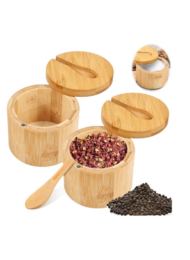 Bamboo Salt Bowls, Salt and Pepper Box with Magnetic Swivel Lid and Spoon, Seasoning Container for Salt, Pepper, Spice, and Sugar, 2PCS