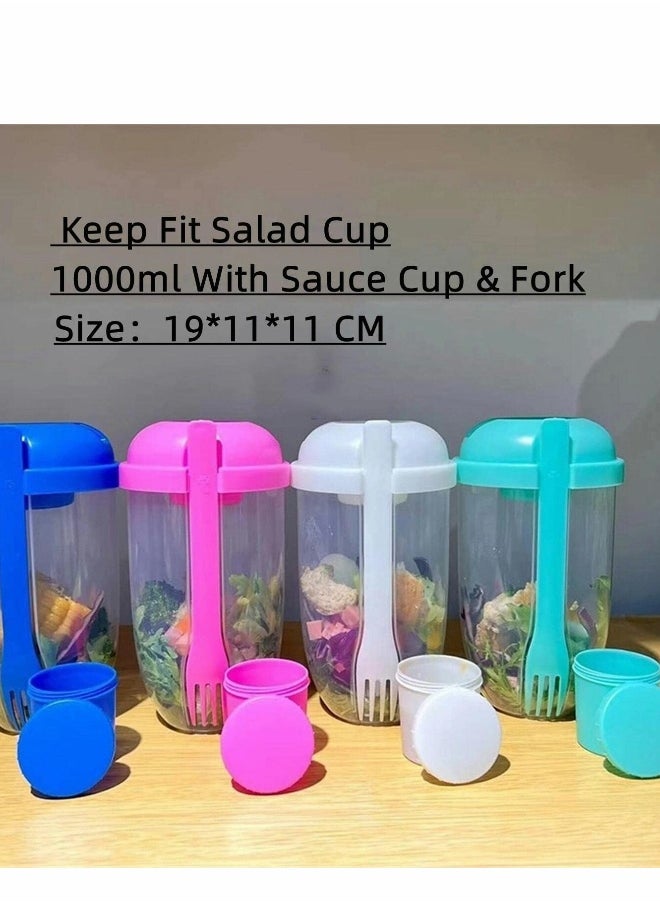 Salad Cup, 2022 New Keep Fit Salad Meal Shaker Cup with Fork and Salad Dressing Holder, Fresh Salad Cup with Washing Brush, Health Salad Container, Portable Vegetable Breakfast to Take Away