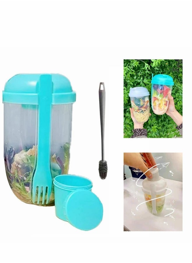 Salad Cup, 2022 New Keep Fit Salad Meal Shaker Cup with Fork and Salad Dressing Holder, Fresh Salad Cup with Washing Brush, Health Salad Container, Portable Vegetable Breakfast to Take Away