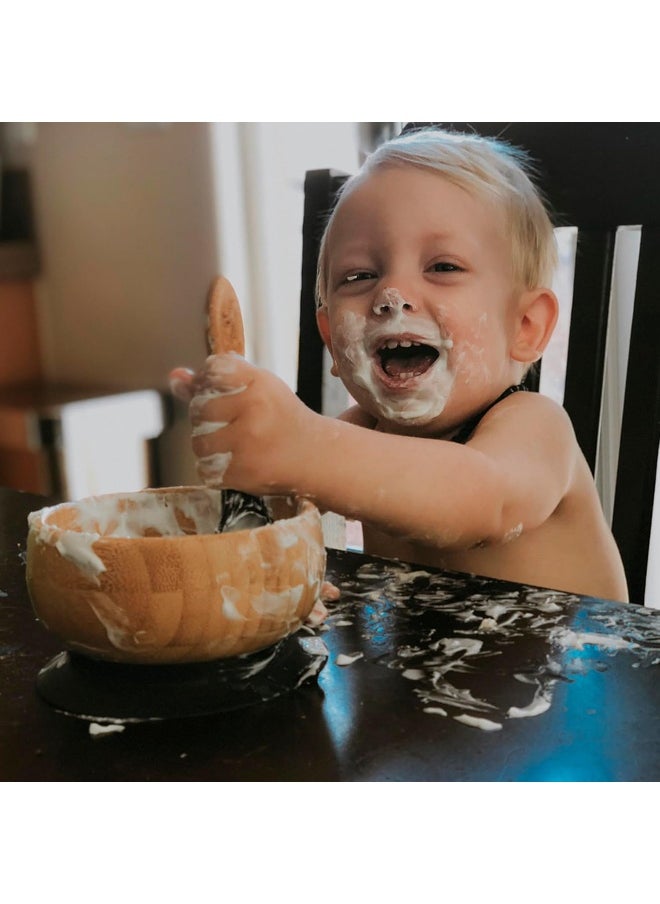 Avanchy Baby Bowls with Suction. Food Set for Babies Kids Toddler Boys Girl + Travel Baby Silicone Spoon. Fits Feeding High Chair Table, Black