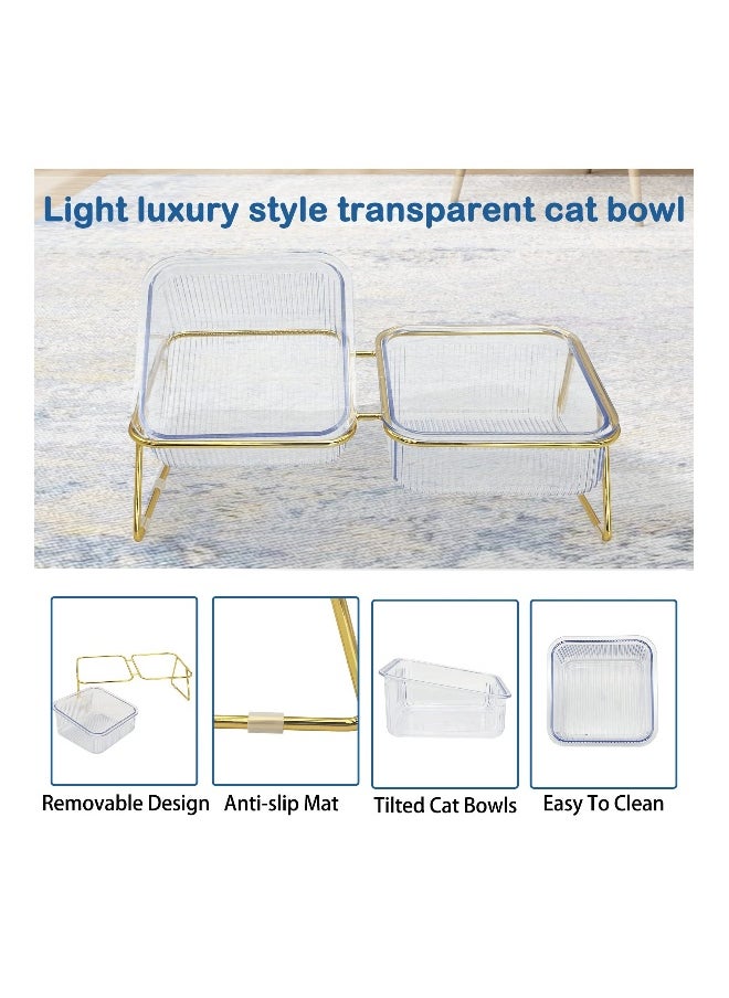 Elevated Double Cat Bowls, Pets Water and Food Transparent Bowl 15°Tilted Raised Pet Feeder Stand, with 2 Large Plastic Bowl and Iron Stand Anti Slip, Perfect for Kittiens Small Dogs