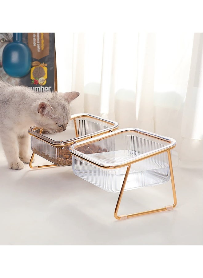 Elevated Double Cat Bowls, Pets Water and Food Transparent Bowl 15°Tilted Raised Pet Feeder Stand, with 2 Large Plastic Bowl and Iron Stand Anti Slip, Perfect for Kittiens Small Dogs