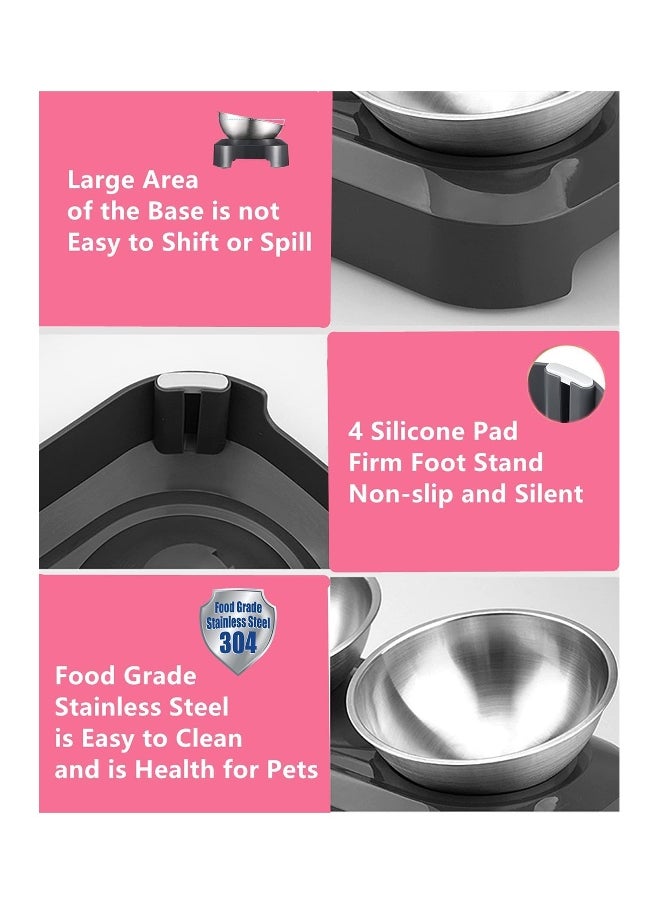 Raised Cat Bowl with Stainless Steel, Non-Slip Silicone Mat & Raised Cat Feeder with 15° & 0° Tilting Neck Protective Bowl for Pets, Cats Food and Water Feeding