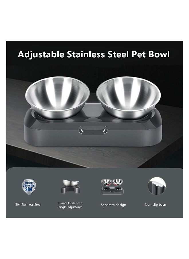 Raised Cat Bowl with Stainless Steel, Non-Slip Silicone Mat & Raised Cat Feeder with 15° & 0° Tilting Neck Protective Bowl for Pets, Cats Food and Water Feeding