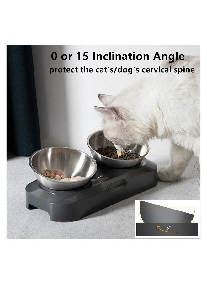 Raised Cat Bowl with Stainless Steel, Non-Slip Silicone Mat & Raised Cat Feeder with 15° & 0° Tilting Neck Protective Bowl for Pets, Cats Food and Water Feeding