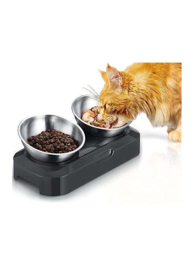 Raised Cat Bowl with Stainless Steel, Non-Slip Silicone Mat & Raised Cat Feeder with 15° & 0° Tilting Neck Protective Bowl for Pets, Cats Food and Water Feeding