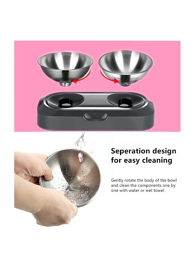 Raised Cat Bowl with Stainless Steel, Non-Slip Silicone Mat & Raised Cat Feeder with 15° & 0° Tilting Neck Protective Bowl for Pets, Cats Food and Water Feeding