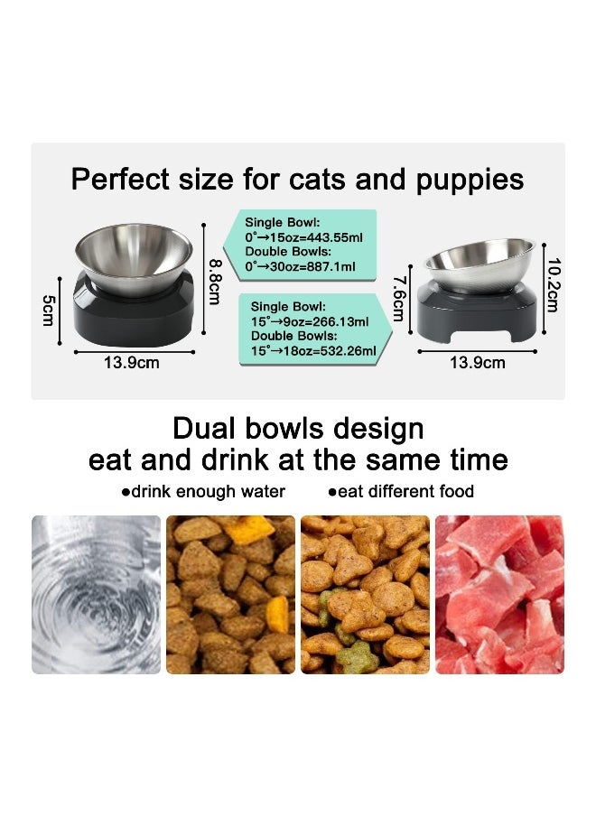 Raised Cat Bowl with Stainless Steel, Non-Slip Silicone Mat & Raised Cat Feeder with 15° & 0° Tilting Neck Protective Bowl for Pets, Cats Food and Water Feeding