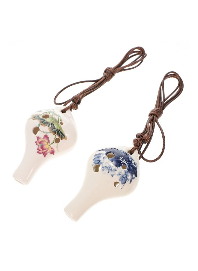 Ceramic Ocarina White Porcelain, 2 Pcs 6- Hole Pendant Ocarinas with Lotus Pattern Introductory Alto Key Ocarinas Flutes for Beginner Children, as shown