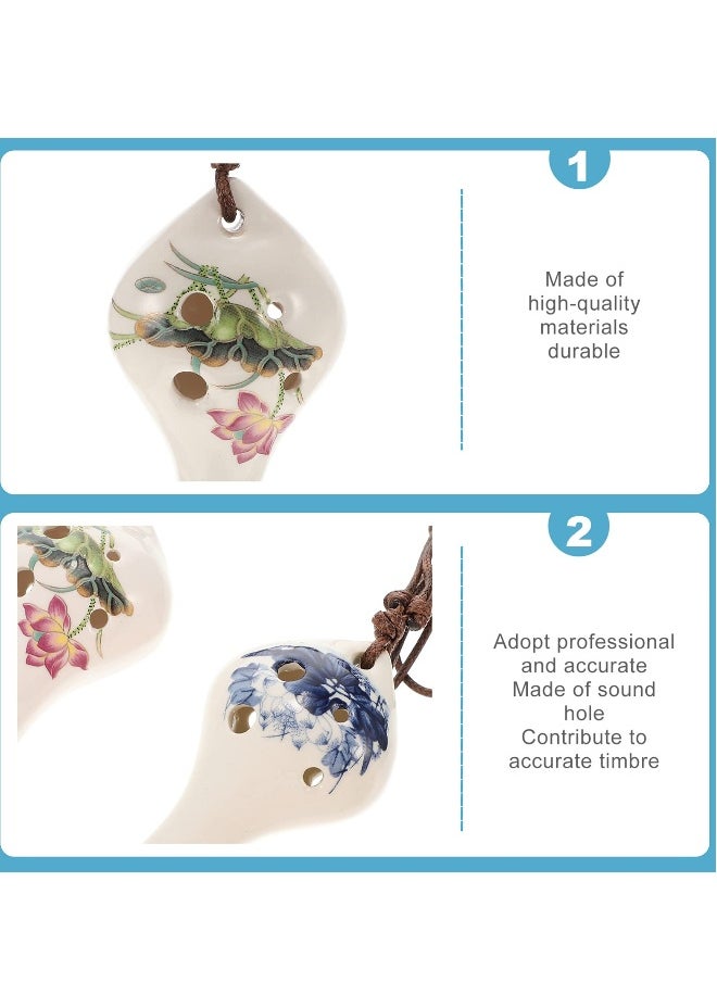Ceramic Ocarina White Porcelain, 2 Pcs 6- Hole Pendant Ocarinas with Lotus Pattern Introductory Alto Key Ocarinas Flutes for Beginner Children, as shown