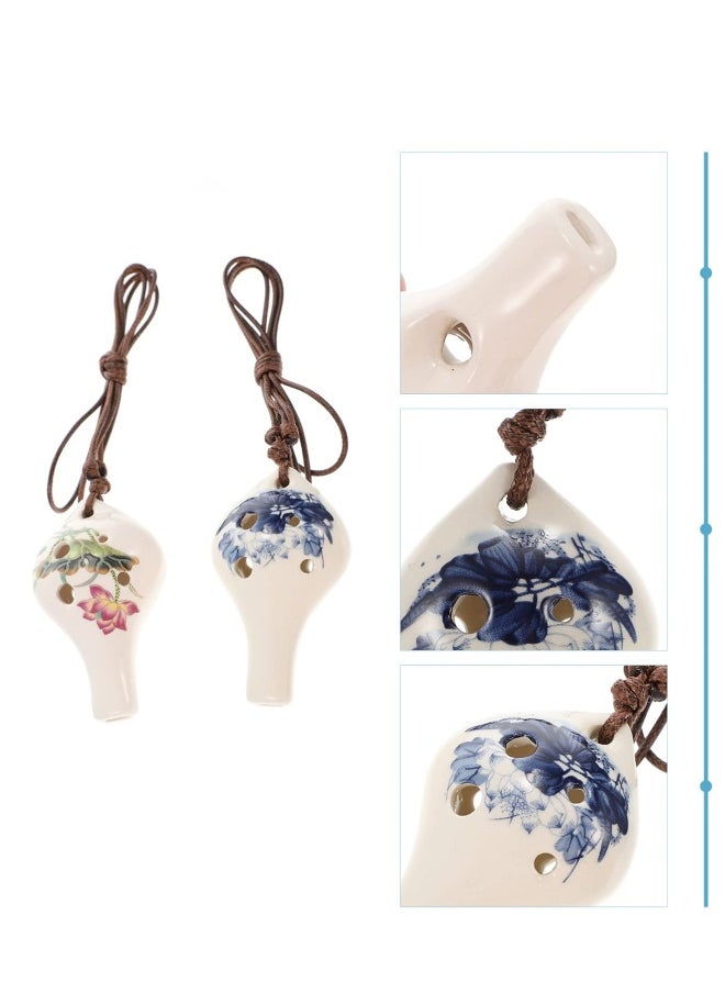Ceramic Ocarina White Porcelain, 2 Pcs 6- Hole Pendant Ocarinas with Lotus Pattern Introductory Alto Key Ocarinas Flutes for Beginner Children, as shown