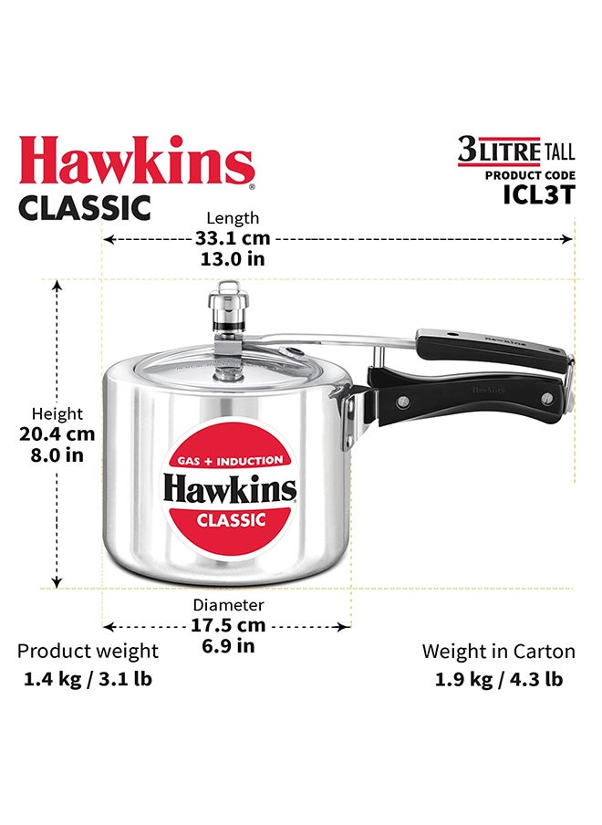 3Liters Classic Aluminium Pressure Cooker, Induction Inner Lid Cooker, Tall Design Pan Cooker (ICL3T) Silver