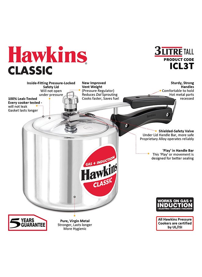 3Liters Classic Aluminium Pressure Cooker, Induction Inner Lid Cooker, Tall Design Pan Cooker (ICL3T) Silver