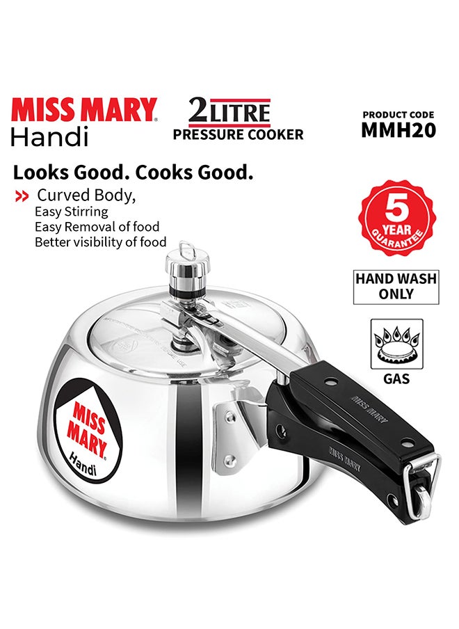 2Liters Miss Mary Handi Inner Lid Aluminium Pressure Cooker, Small Cooker,Gas Stovetop Compatible (Mmh20) Silver