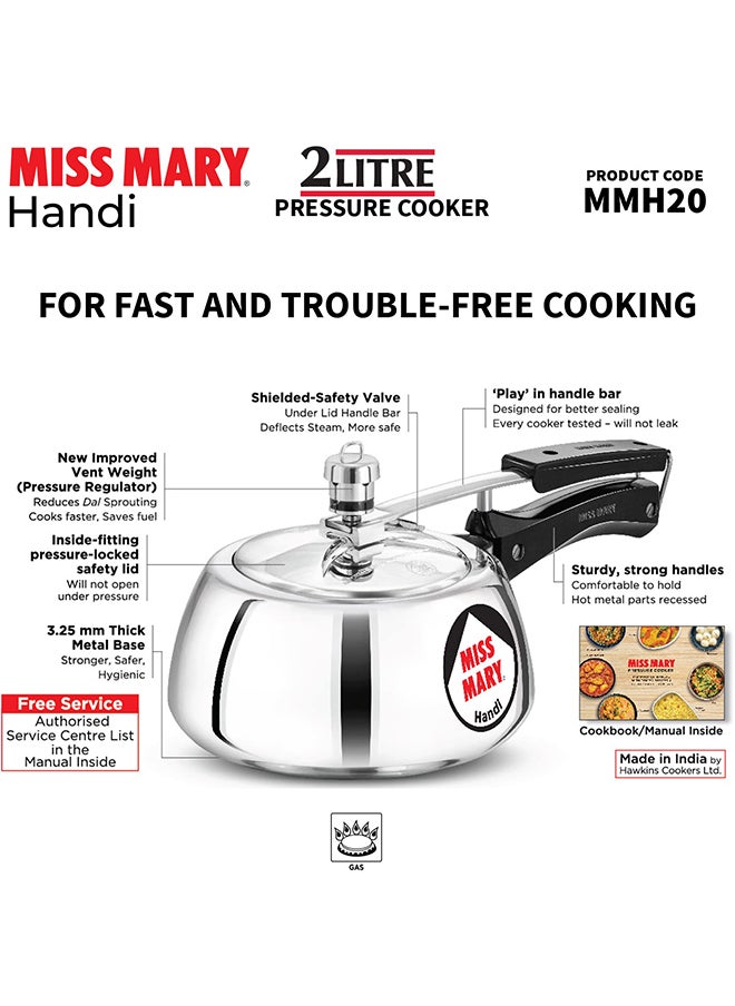 2Liters Miss Mary Handi Inner Lid Aluminium Pressure Cooker, Small Cooker,Gas Stovetop Compatible (Mmh20) Silver