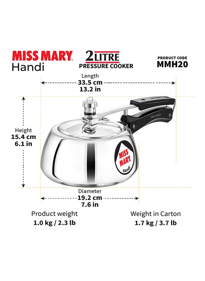 2Liters Miss Mary Handi Inner Lid Aluminium Pressure Cooker, Small Cooker,Gas Stovetop Compatible (Mmh20) Silver