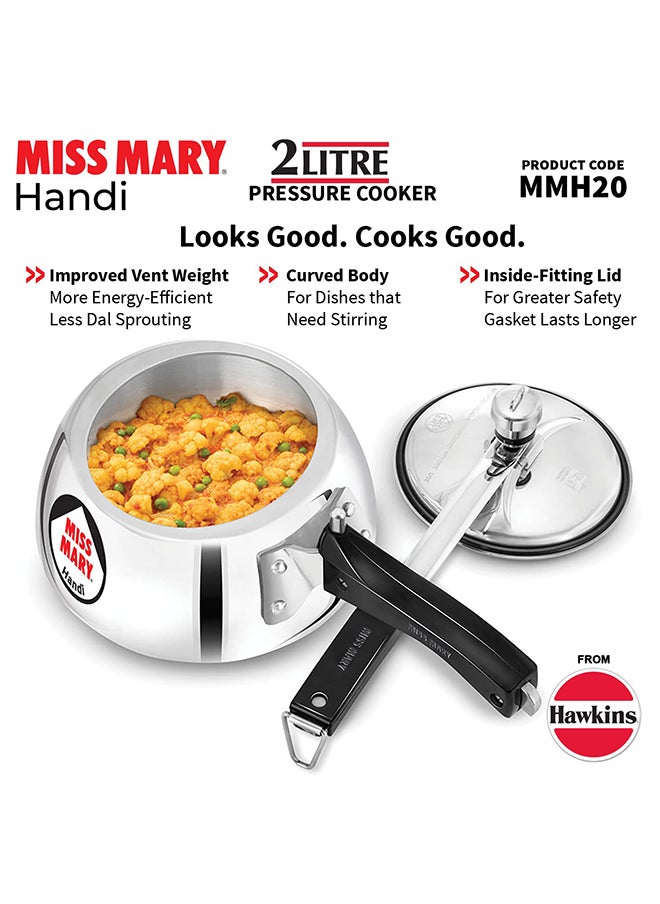 2Liters Miss Mary Handi Inner Lid Aluminium Pressure Cooker, Small Cooker,Gas Stovetop Compatible (Mmh20) Silver