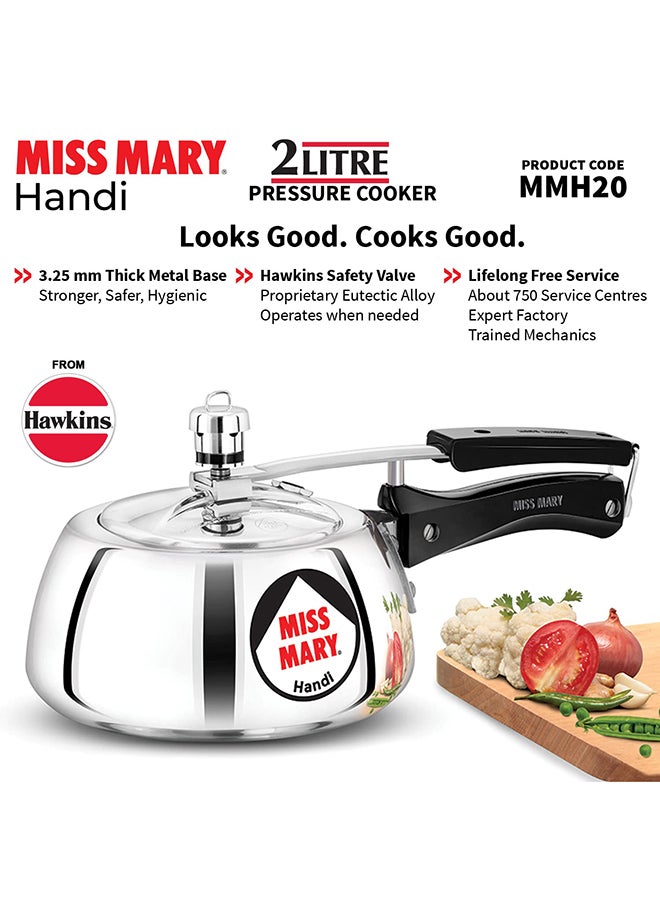 2Liters Miss Mary Handi Inner Lid Aluminium Pressure Cooker, Small Cooker,Gas Stovetop Compatible (Mmh20) Silver