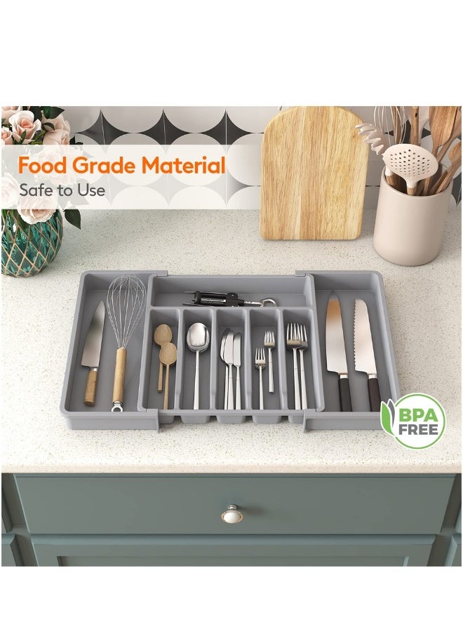 Expandable Cutlery Tray Organizer Adjustable Drawer Holder for Forks Spoons and Flatware Kitchen Storage Grey