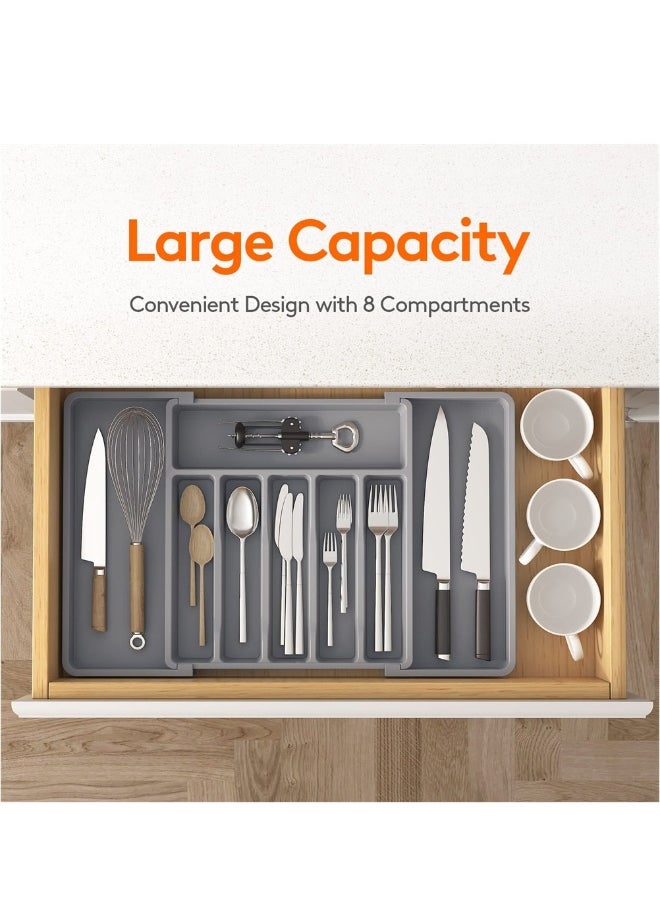Expandable Cutlery Tray Organizer Adjustable Drawer Holder for Forks Spoons and Flatware Kitchen Storage Grey
