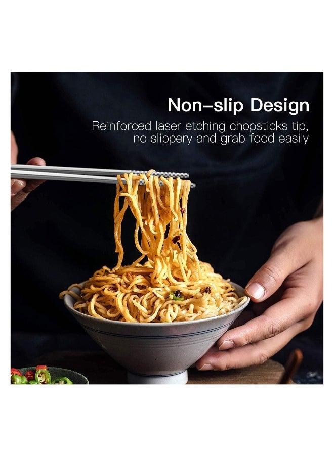Metal Chopsticks Reusable 18/8 Stainless Steel Chopsticks Multipack Dishwasher Safe Chop Sticks Laser Engraved Non-slip Chopstick for Cooking Eating 9 1/4 Inches 5 Pairs Gift Set