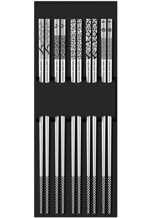 Metal Chopsticks Reusable 18/8 Stainless Steel Chopsticks Multipack Dishwasher Safe Chop Sticks Laser Engraved Non-slip Chopstick for Cooking Eating 9 1/4 Inches 5 Pairs Gift Set
