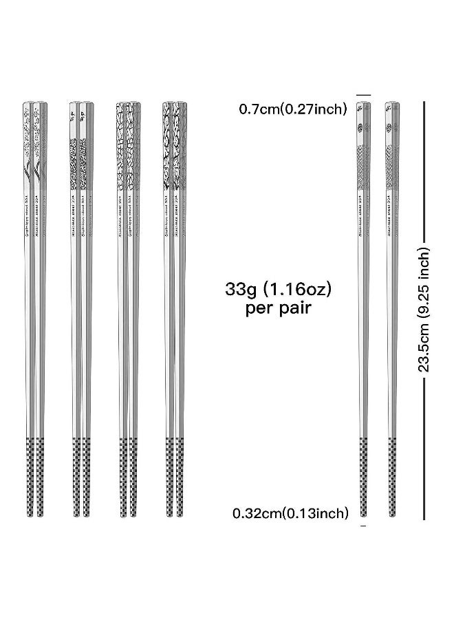 Metal Chopsticks Reusable 18/8 Stainless Steel Chopsticks Multipack Dishwasher Safe Chop Sticks Laser Engraved Non-slip Chopstick for Cooking Eating 9 1/4 Inches 5 Pairs Gift Set