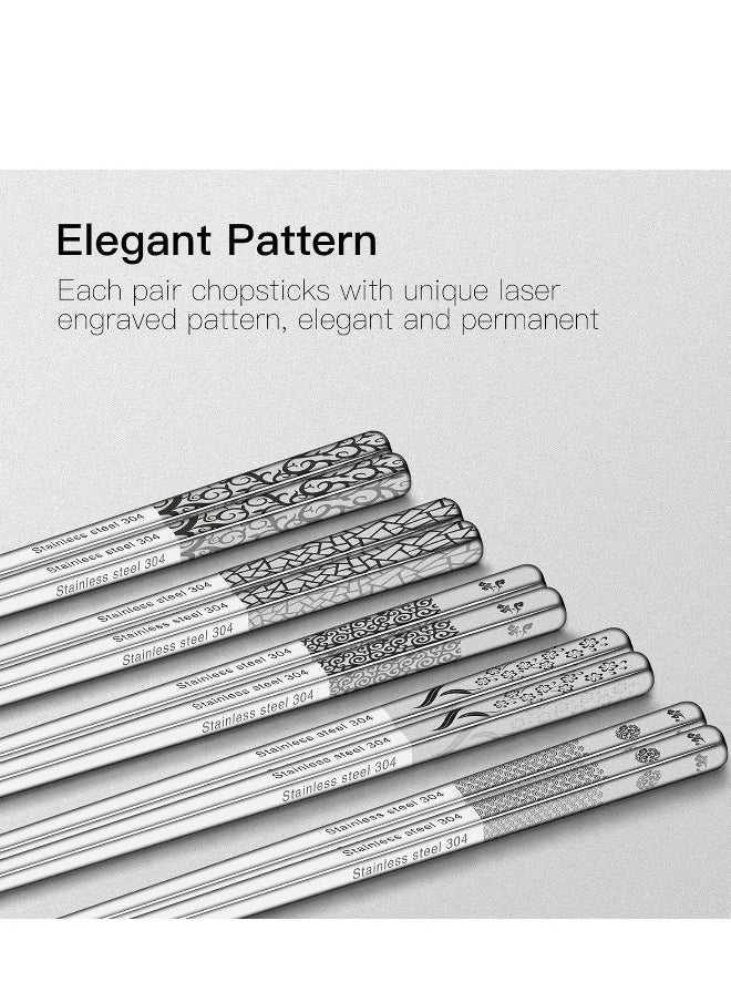 Metal Chopsticks Reusable 18/8 Stainless Steel Chopsticks Multipack Dishwasher Safe Chop Sticks Laser Engraved Non-slip Chopstick for Cooking Eating 9 1/4 Inches 5 Pairs Gift Set