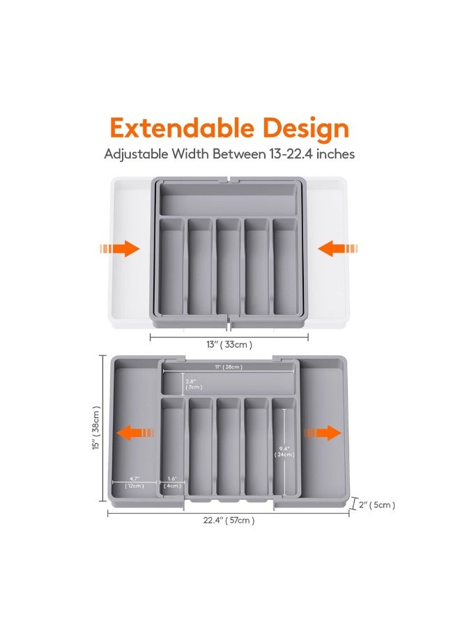 Expandable Cutlery Organizer Adjustable Drawer Tray for Forks Spoons and Flatware Grey Kitchen Storage