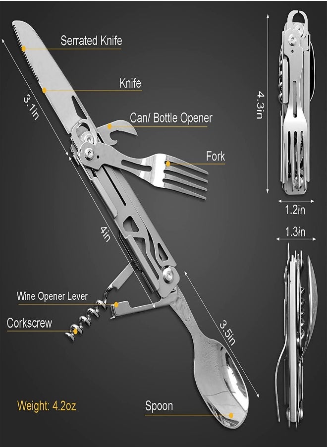 Folding Camping Cutlery Set 5 in-1 Multifunctional Travel Pocket Cutlery Folding Spoon Fork Knife Bottle Opener Can Portable Set Utensil for Travel Hiking Picnic with Drawstring Pouch