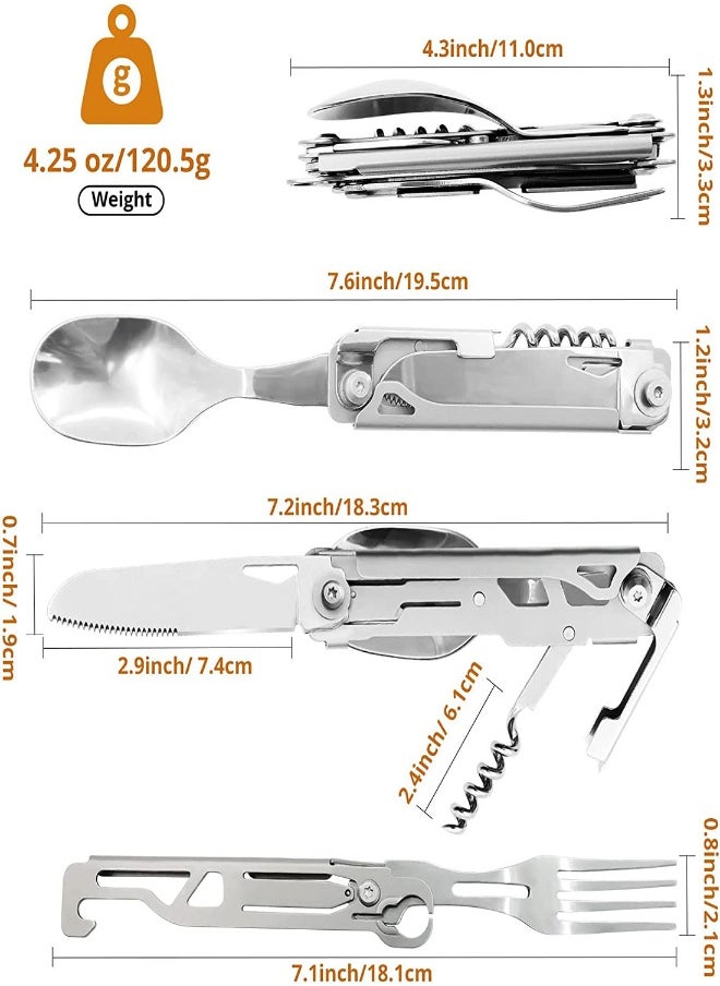 Folding Camping Cutlery Set 5 in-1 Multifunctional Travel Pocket Cutlery Folding Spoon Fork Knife Bottle Opener Can Portable Set Utensil for Travel Hiking Picnic with Drawstring Pouch
