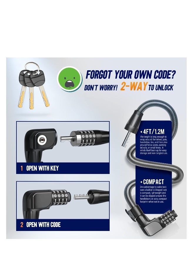 Scooter Lock Cable, Fit for Xiaomi Mijia M365 ES Series, Bicycle Combination Locks Coiled Chain Lock Basic Self Coiling Core Steel Wire 4 ft Long 1/3 inch Fit for M365/ES1/ES2/ES3/ES4