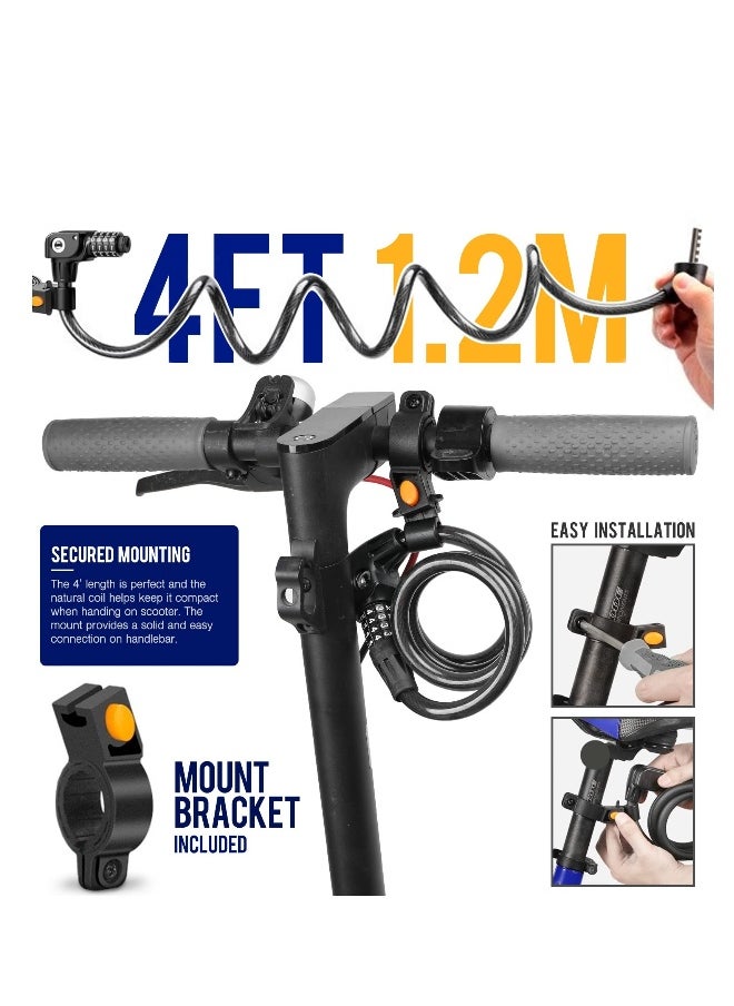 Scooter Lock Cable, Fit for Xiaomi Mijia M365 ES Series, Bicycle Combination Locks Coiled Chain Lock Basic Self Coiling Core Steel Wire 4 ft Long 1/3 inch Fit for M365/ES1/ES2/ES3/ES4