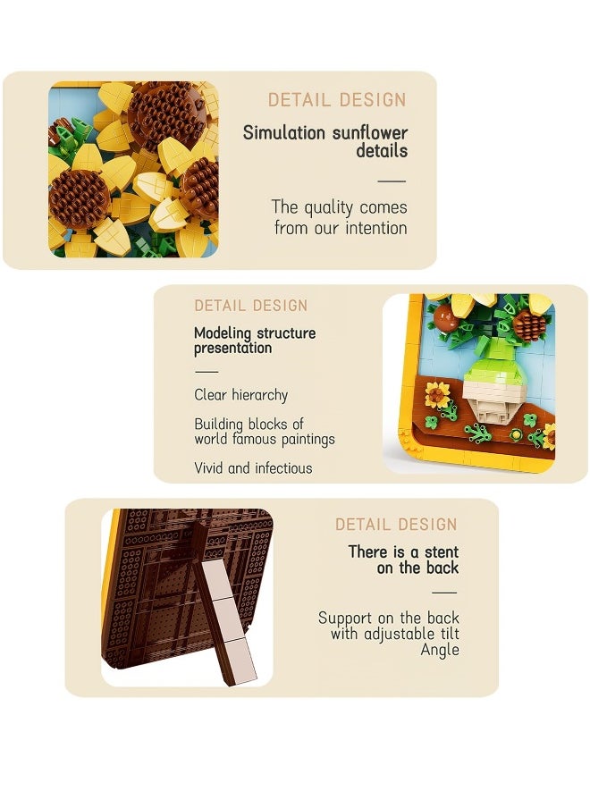 Vincent Van Gogh Sunflower Painting Building Block Kit, 871 Pieces, 3D Famous Art Micro Mini Set for Adults, Home Decor Model Toy, Not Compatible with Lego