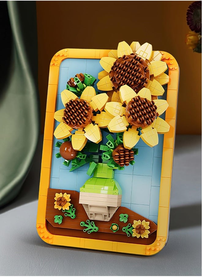 Vincent Van Gogh Sunflower Painting Building Block Kit, 871 Pieces, 3D Famous Art Micro Mini Set for Adults, Home Decor Model Toy, Not Compatible with Lego
