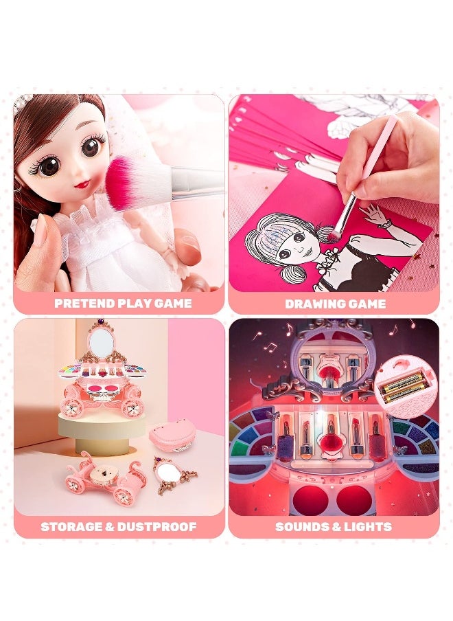 Kids Makeup Kit for Girl, 55 Pack Pretend Beauty Salon Play Set Makeup Toys, Play Makeup Set with Washable Non-Toxic Cosmetic, Princess Doll, Makeup Vanity Toy Set for Girl Ages 3 and Up